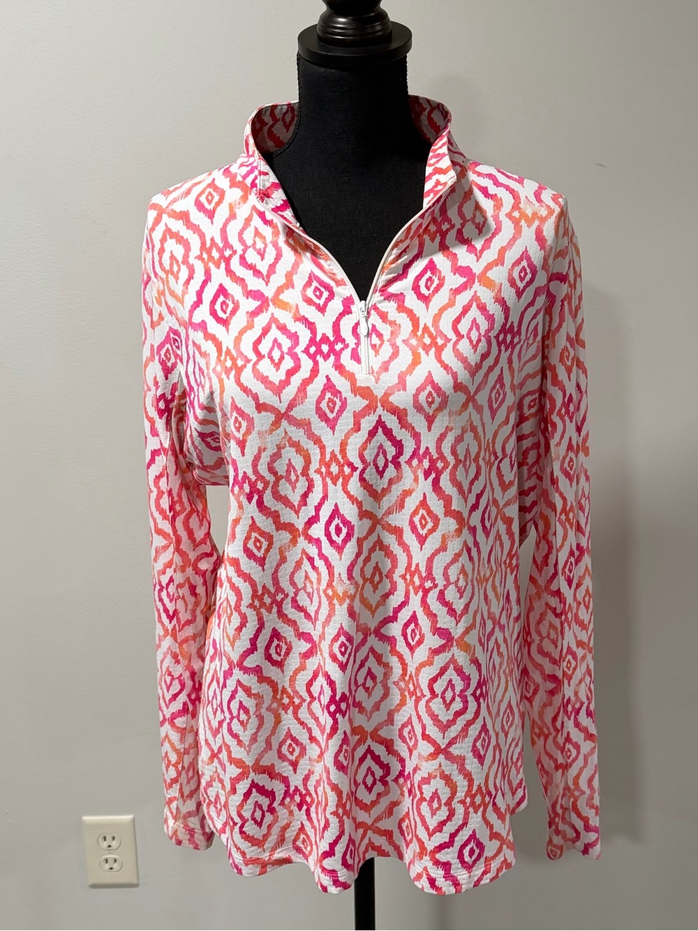 IBKUL XL Pink & Orange Medallion Floral UPF 50 Quarter Zip Golf Sun Shirt